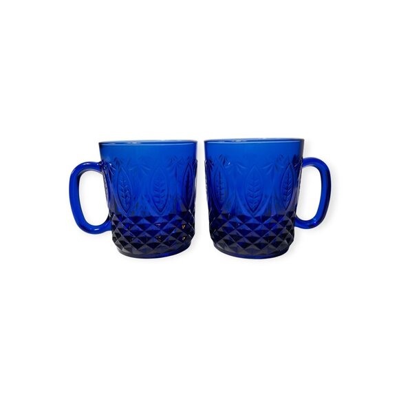 Vintage Avon Royal Sapphire Cobalt Blue Glass Mugs Set of 2 - Picture 1 of 6